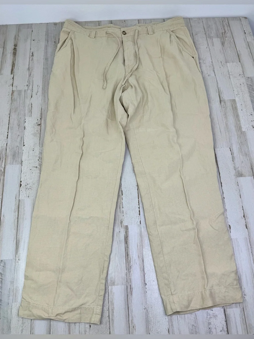 Murano Linen Pants Mens 42x33 Beige European Linen Pleated Coastal Drawstring